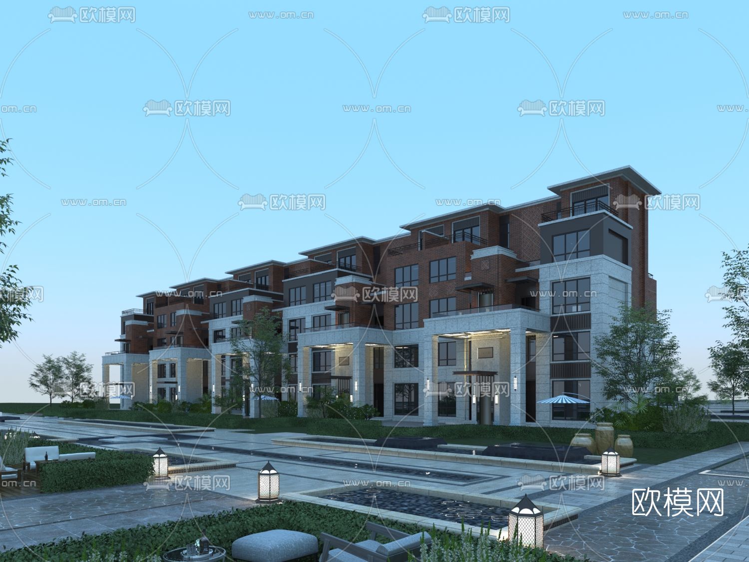 现代联排别墅外观3d模型下载