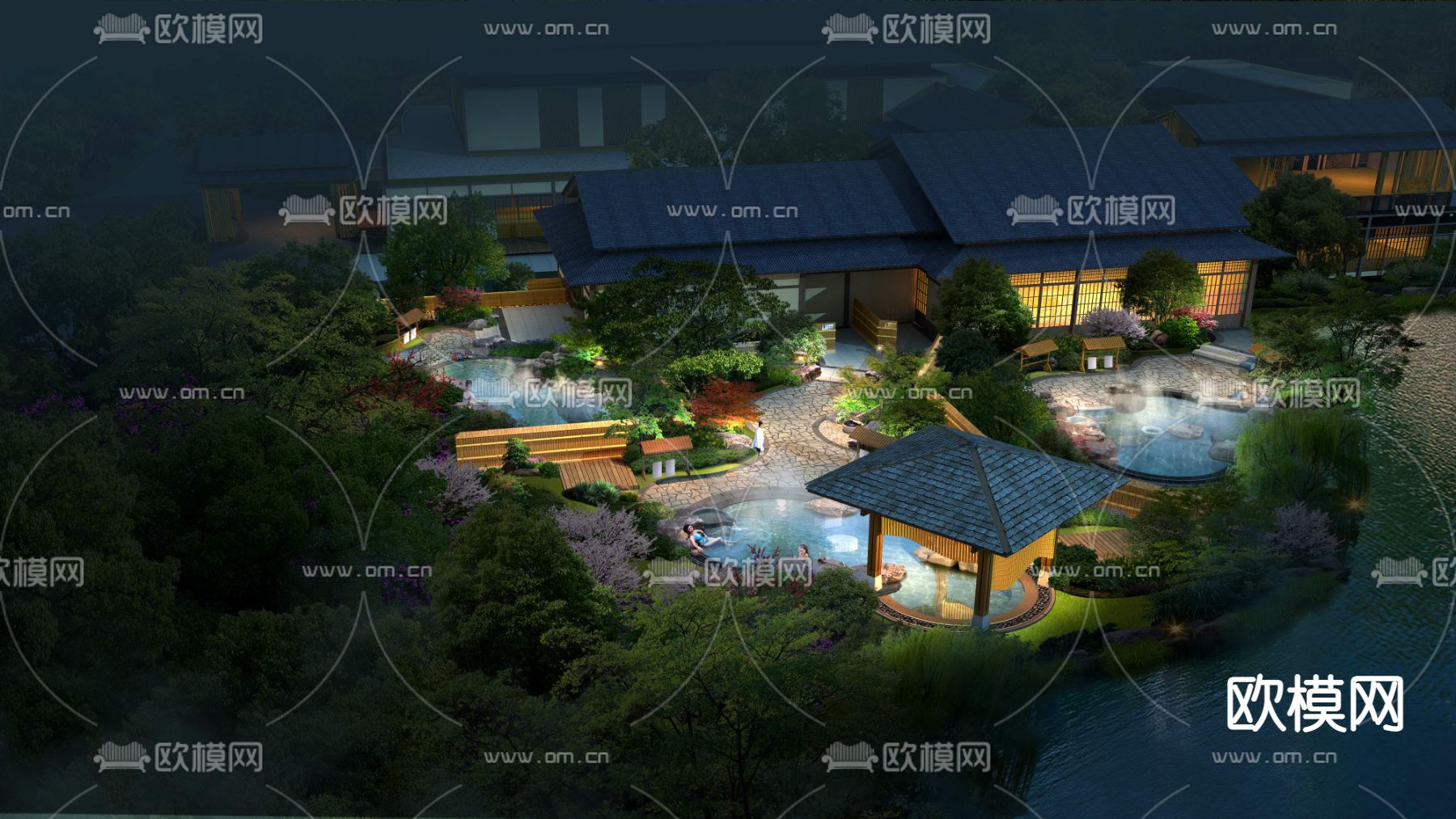 新中式泡温泉建筑外观鸟瞰psd下载