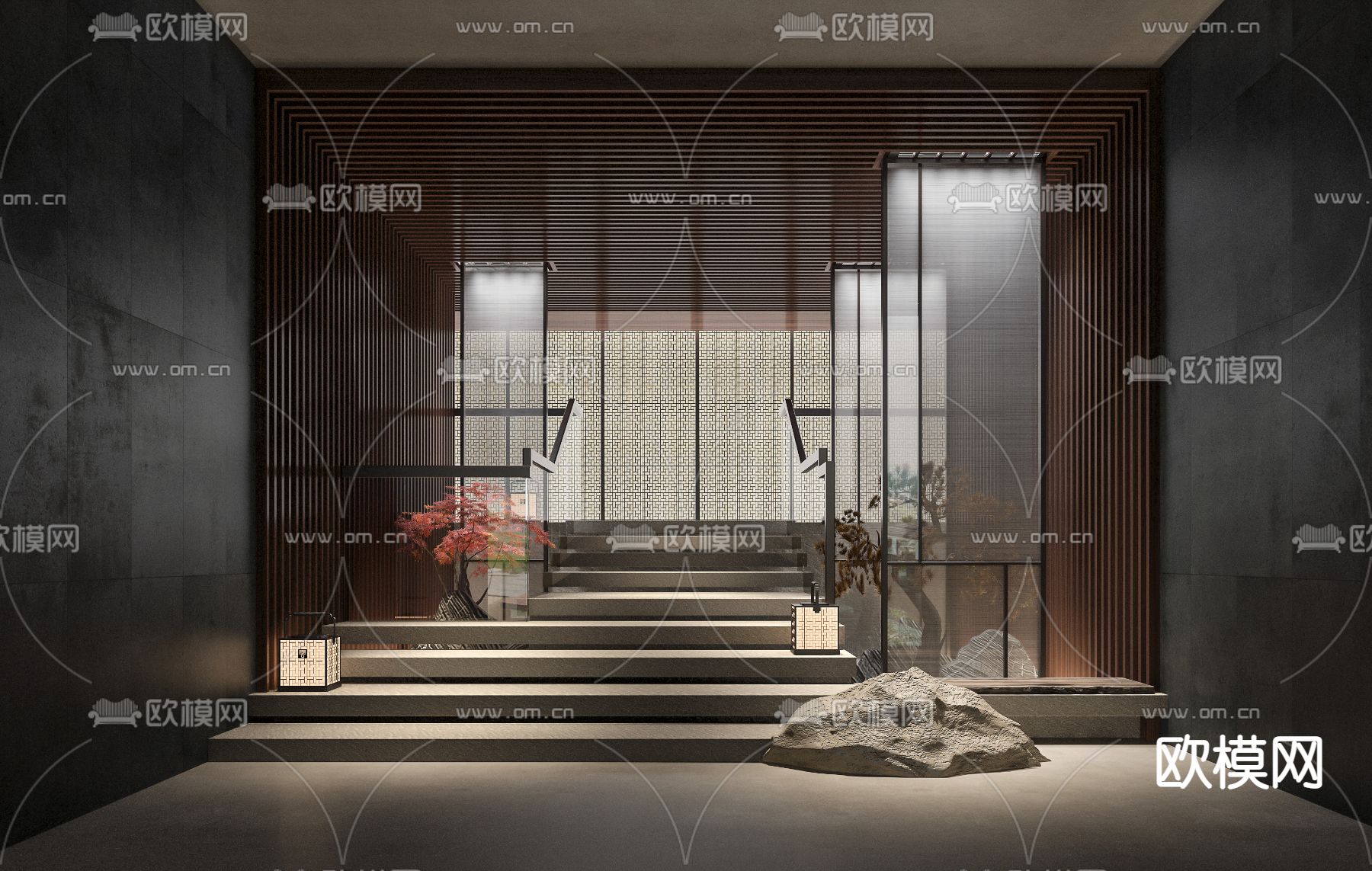 新中式别墅地下室楼梯间3d模型下载（渲染图1）