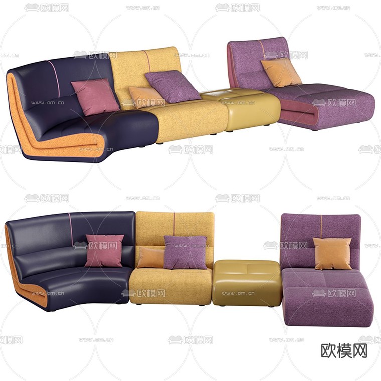 现代拼色布艺转角沙发3d模型下载_ID12081885_3dmax免费模型-欧模网
