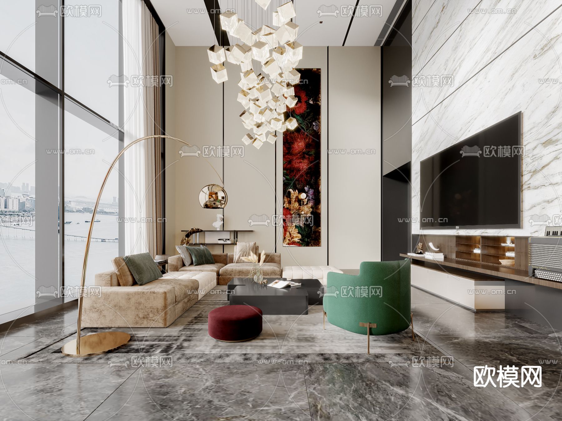 现代客厅餐厅3d模型下载（渲染图3）