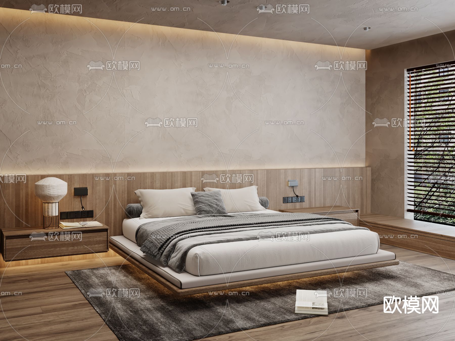 日式实木双人床su模型下载（渲染图1）