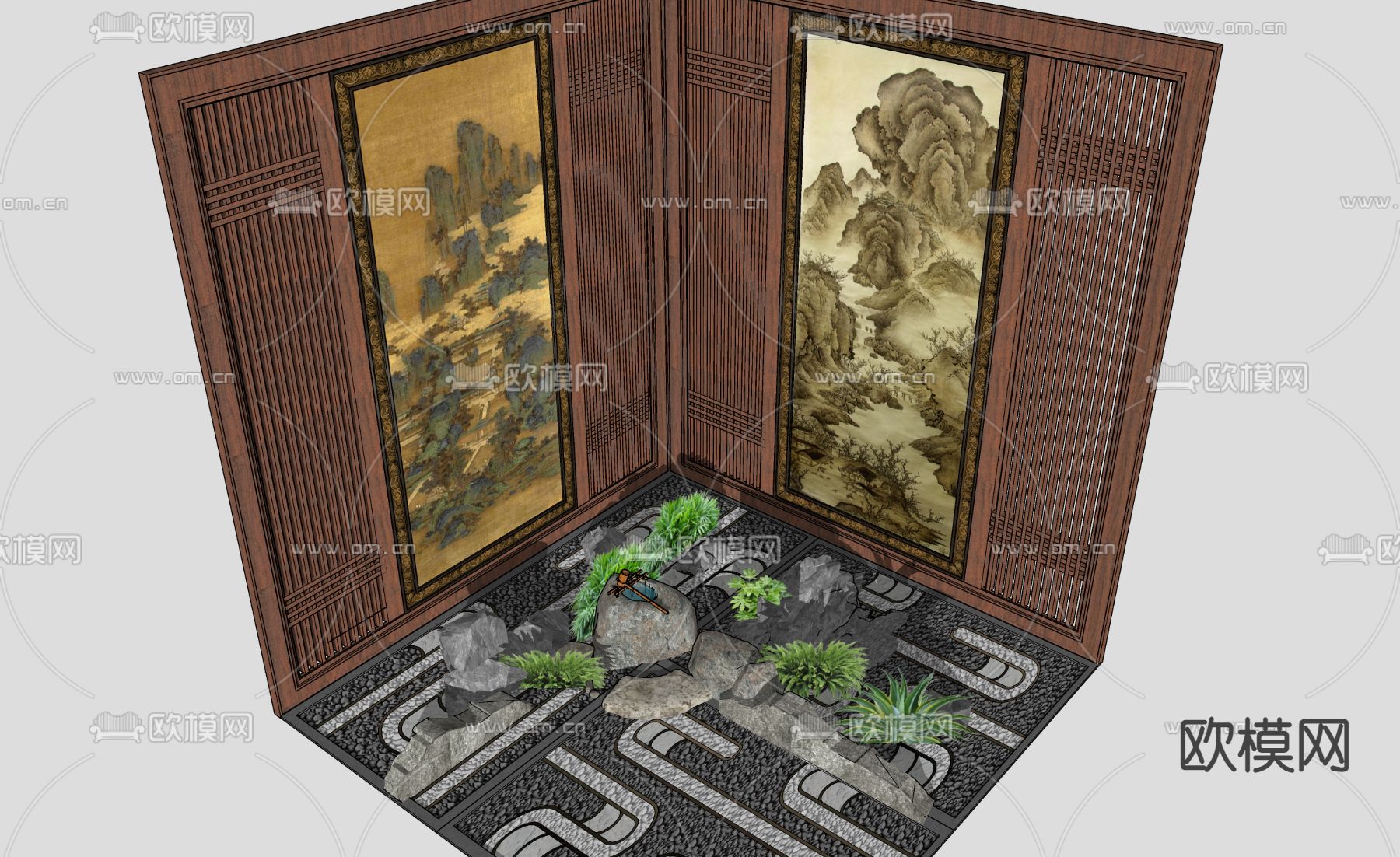 新中式山水画国画格栅屏风su模型下载（渲染图2）