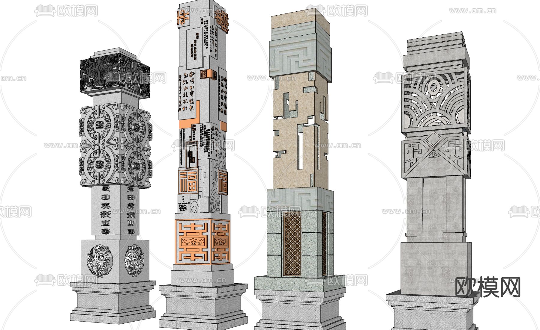 中式花纹精神堡垒景观柱子su模型下载（渲染图2）