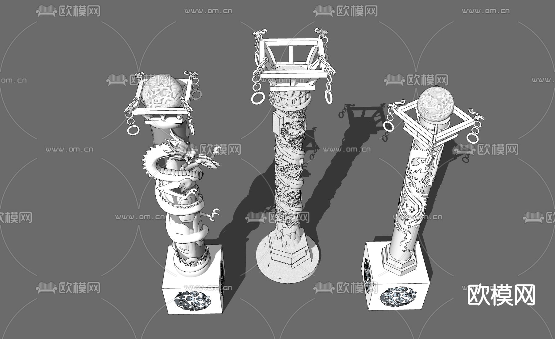 中式盘龙景观柱腾龙柱su模型下载（渲染图3）