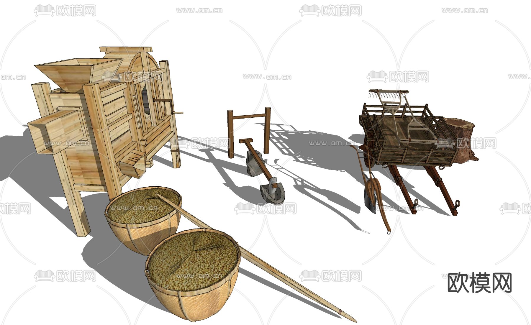 新中式农具扁担耕犁su模型下载_ID12082992_sketchup模型下载-欧模网