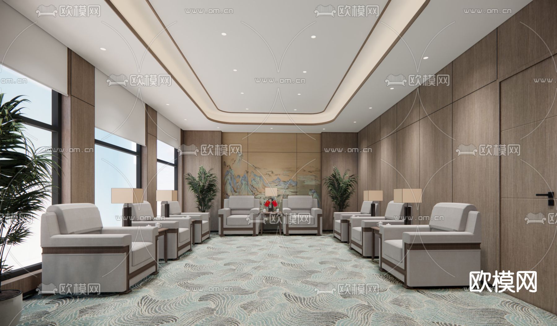 新中式贵宾接待室su模型下载（渲染图1）