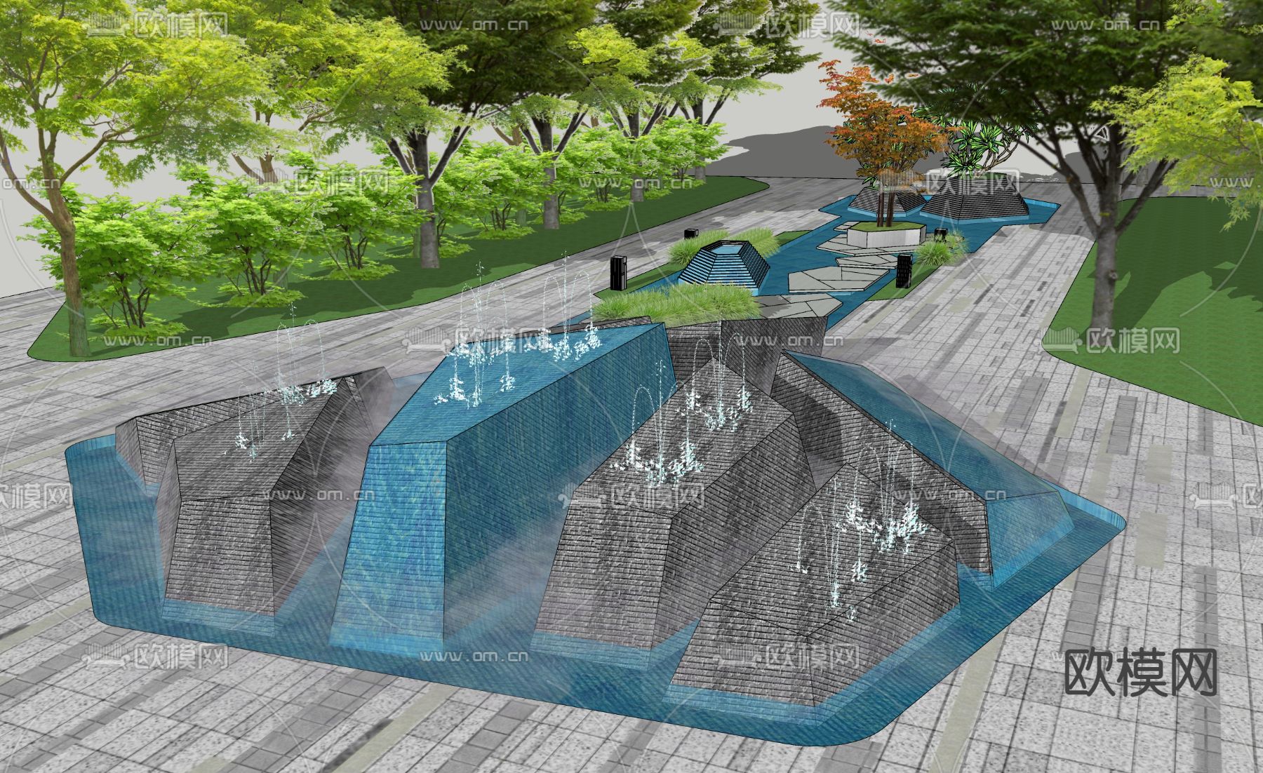 现代入口水景置石雕塑su模型下载_ID12083778_sketchup模型下载-欧模网