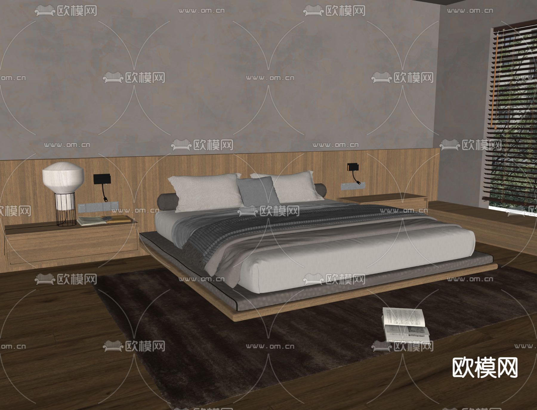 日式实木双人床su模型下载（渲染图2）