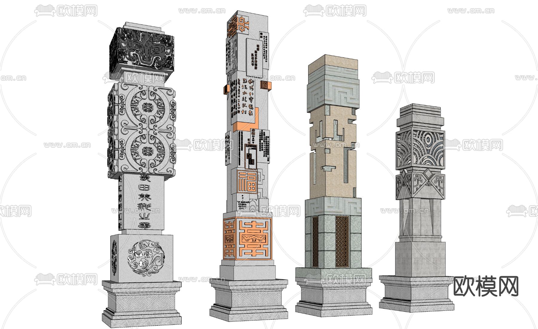 中式花纹精神堡垒景观柱子su模型下载（渲染图1）