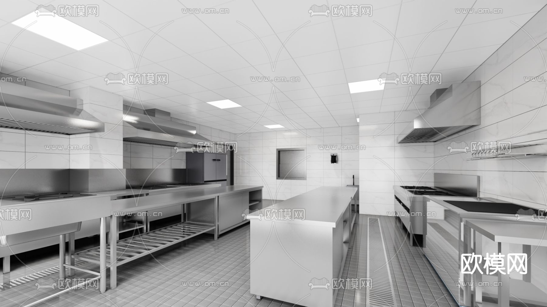 现代餐厅厨房后厨su模型下载（渲染图1）