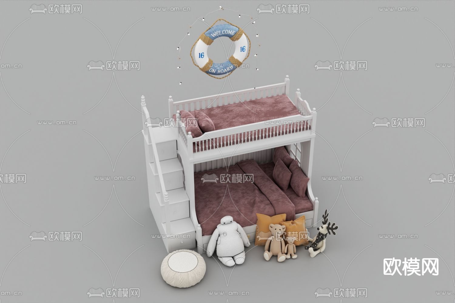 北欧简约实木布艺儿童上下床免费3d模型下载