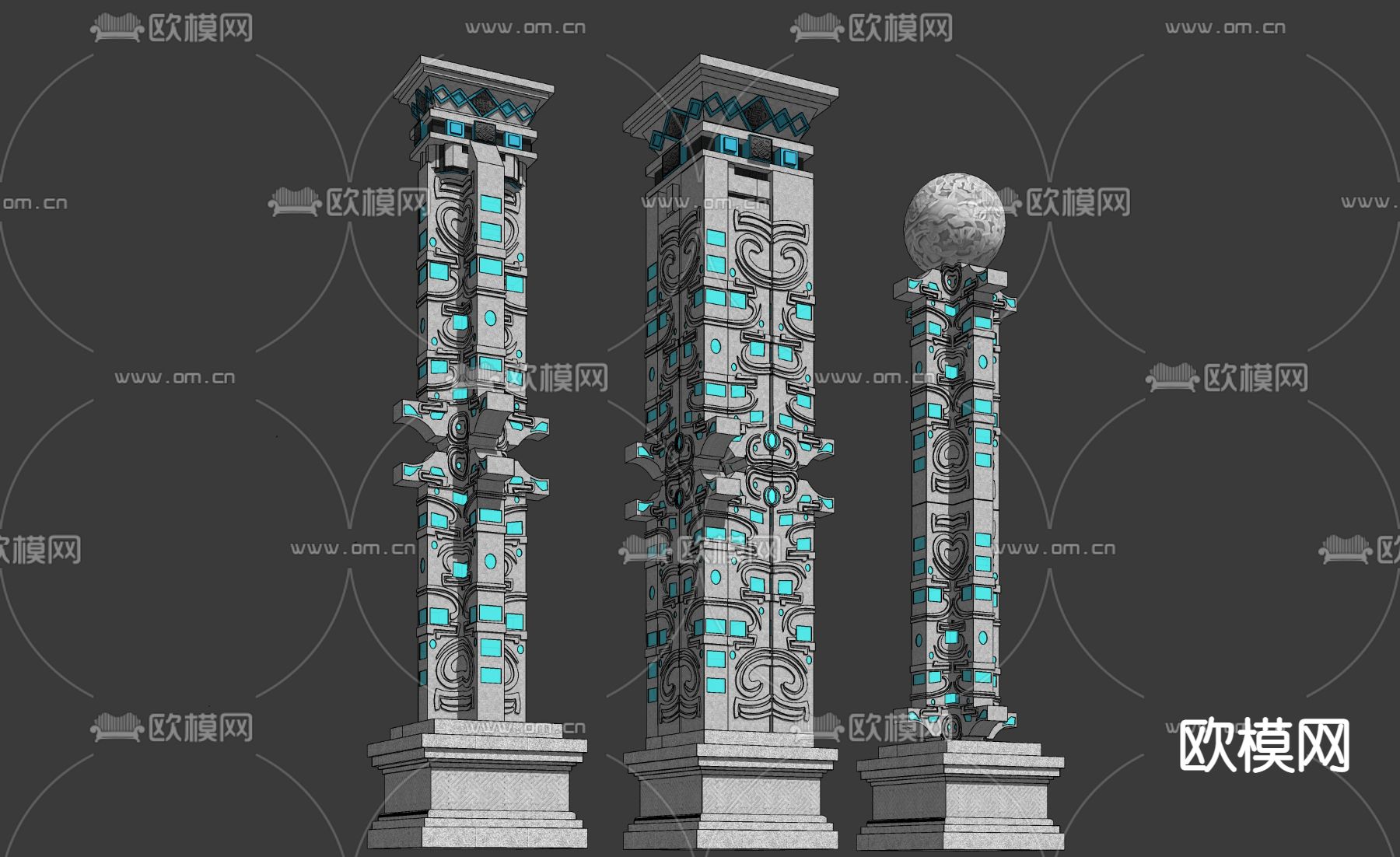 中式龙纹饰精神堡垒景观柱子su模型下载（渲染图1）