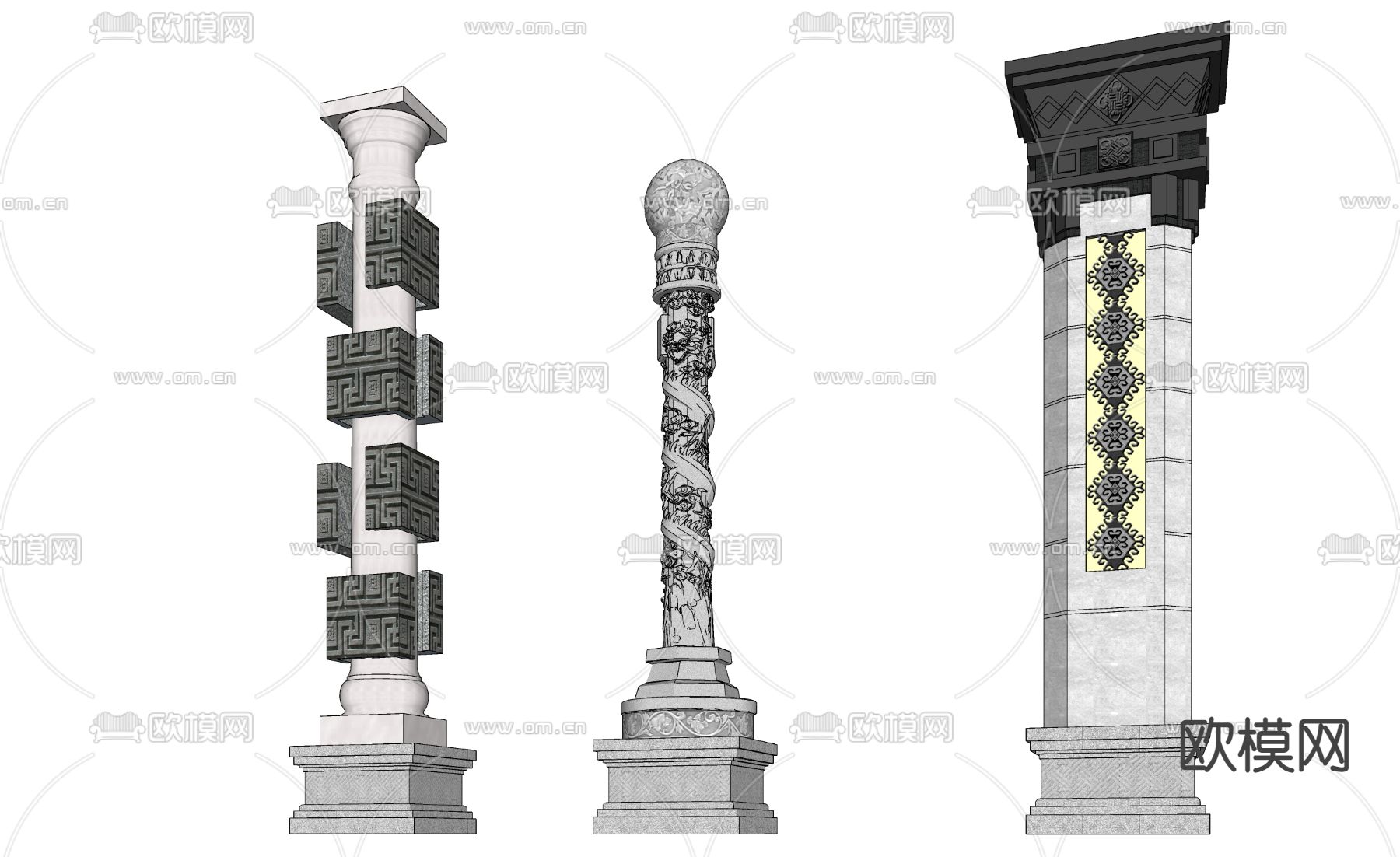 中式精神堡垒景观柱子su模型下载（渲染图1）