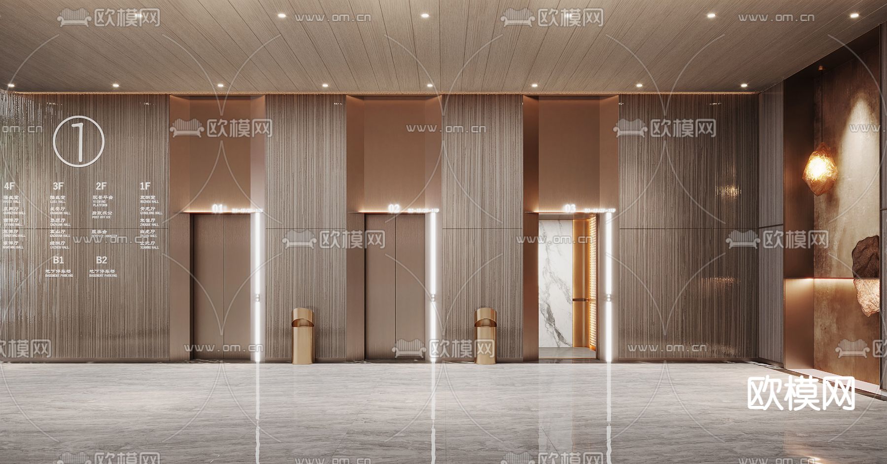 新中式酒店电梯厅轿厢3d模型下载（渲染图3）