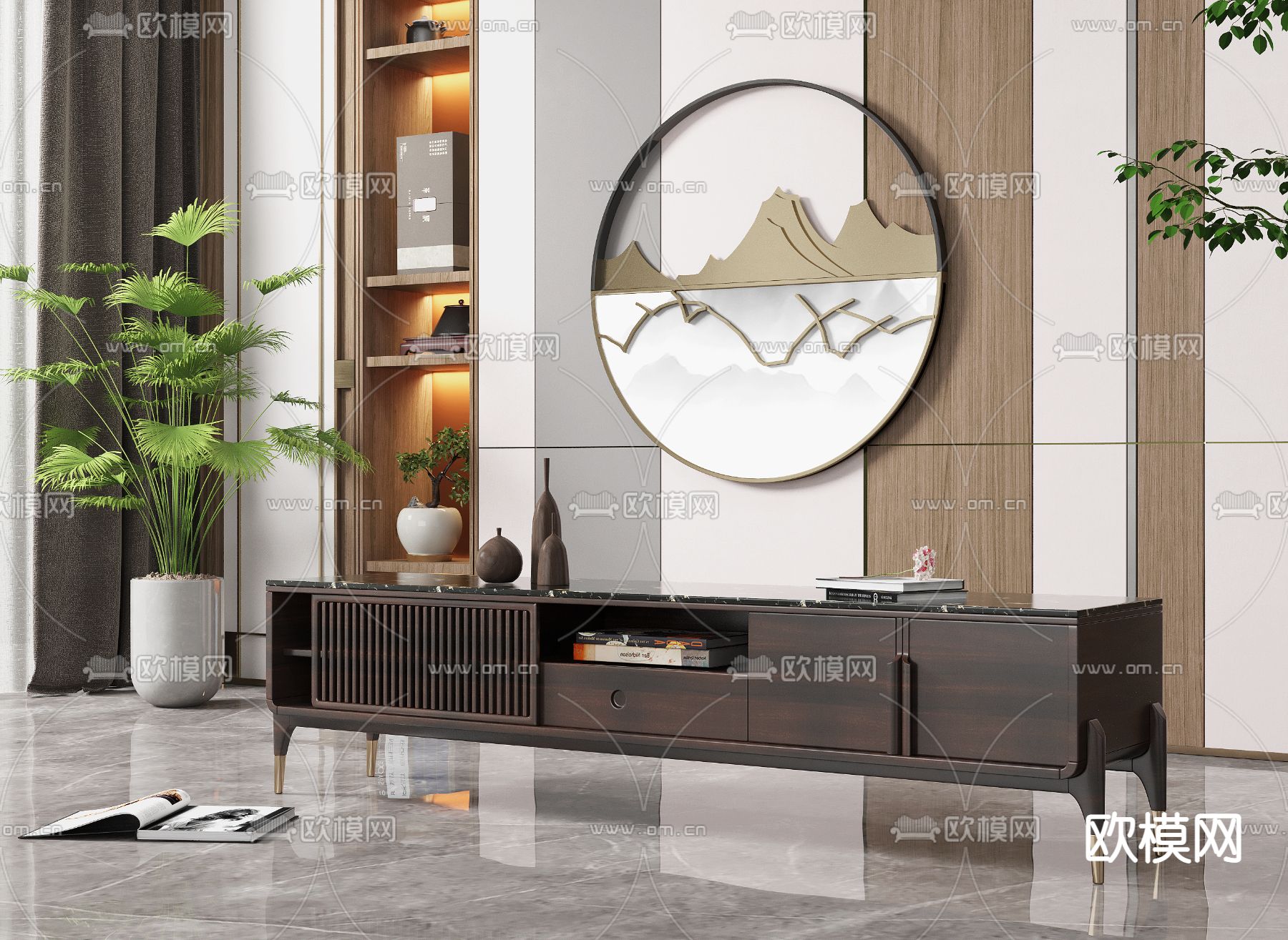 新中式实木电视柜3d模型下载