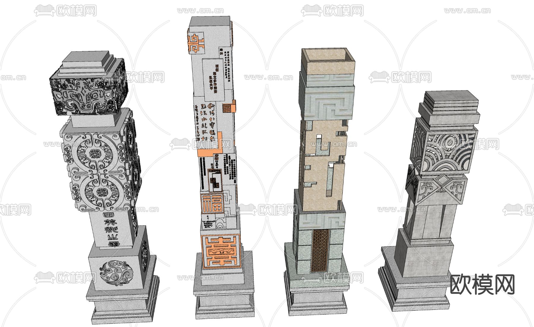 中式花纹精神堡垒景观柱子su模型下载（渲染图3）