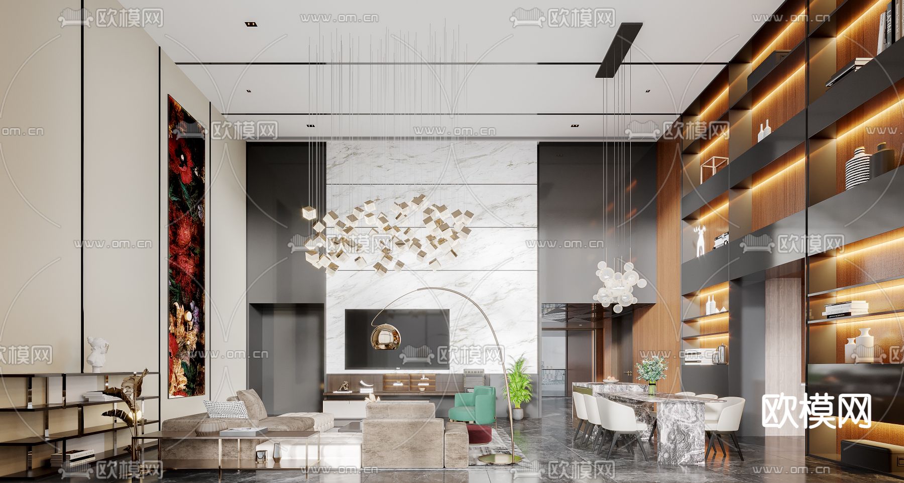 现代客厅餐厅3d模型下载（渲染图2）