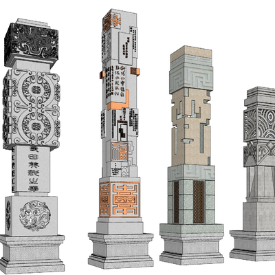  中式花纹精神堡垒景观柱子su模型 