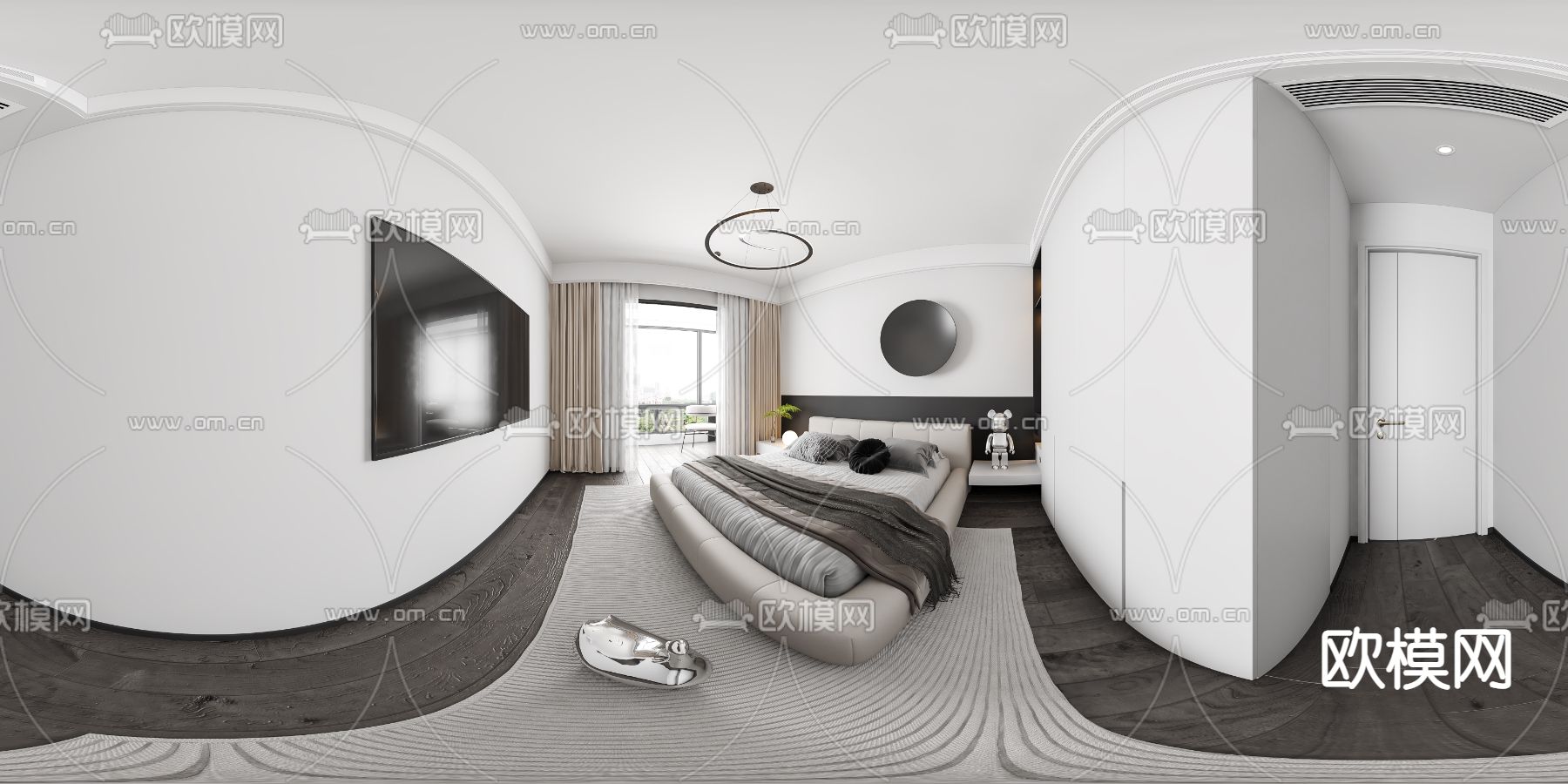 现代黑白灰卧室vr全景3d模型