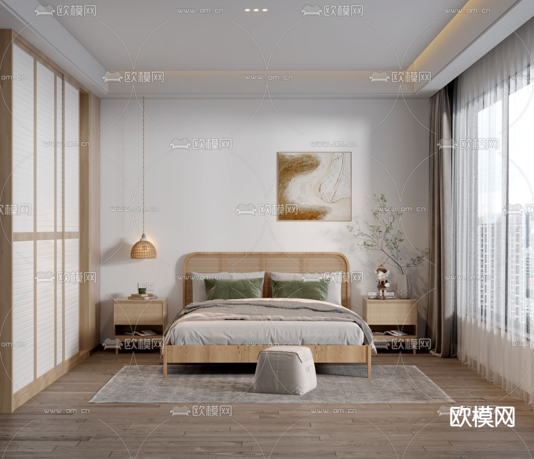 日式简约卧室3d模型下载（渲染图1）