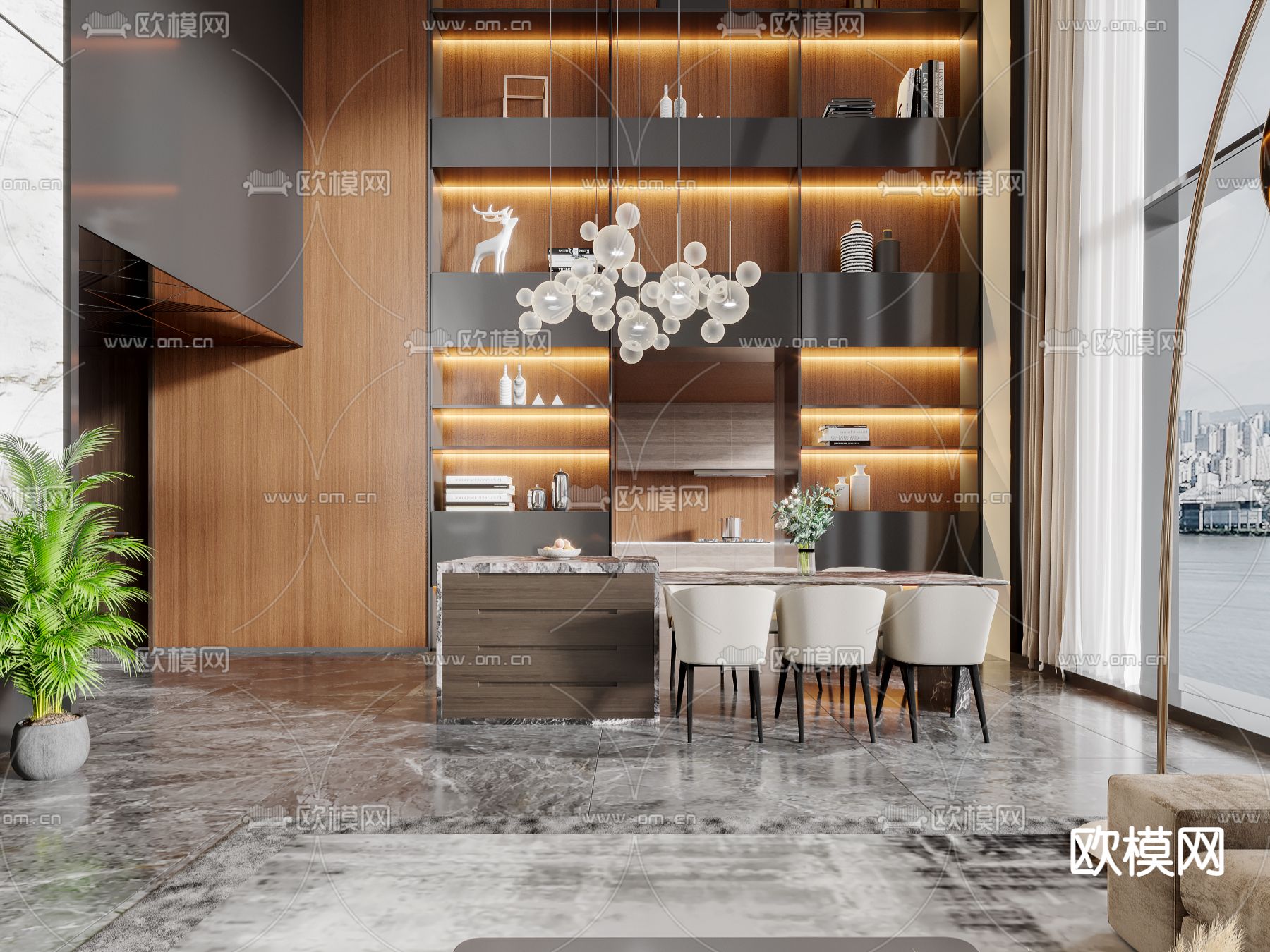现代客厅餐厅3d模型下载（渲染图4）
