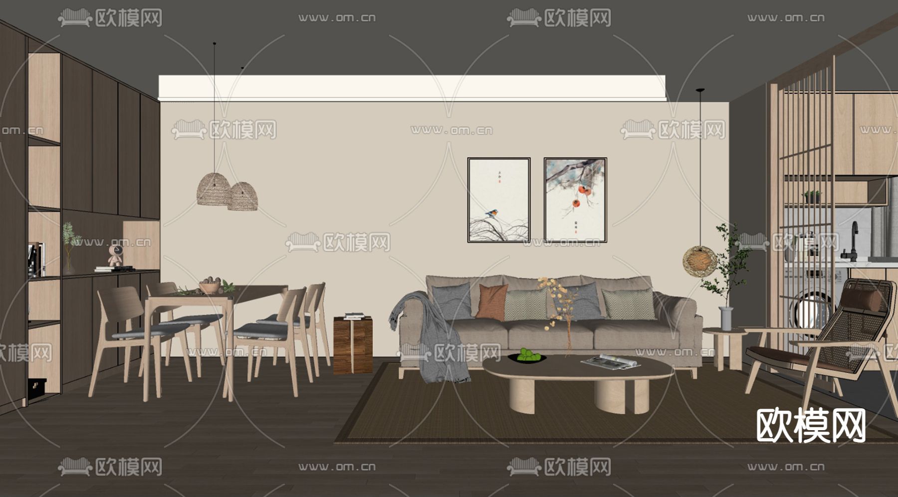 日式客厅餐厅su模型下载（渲染图2）