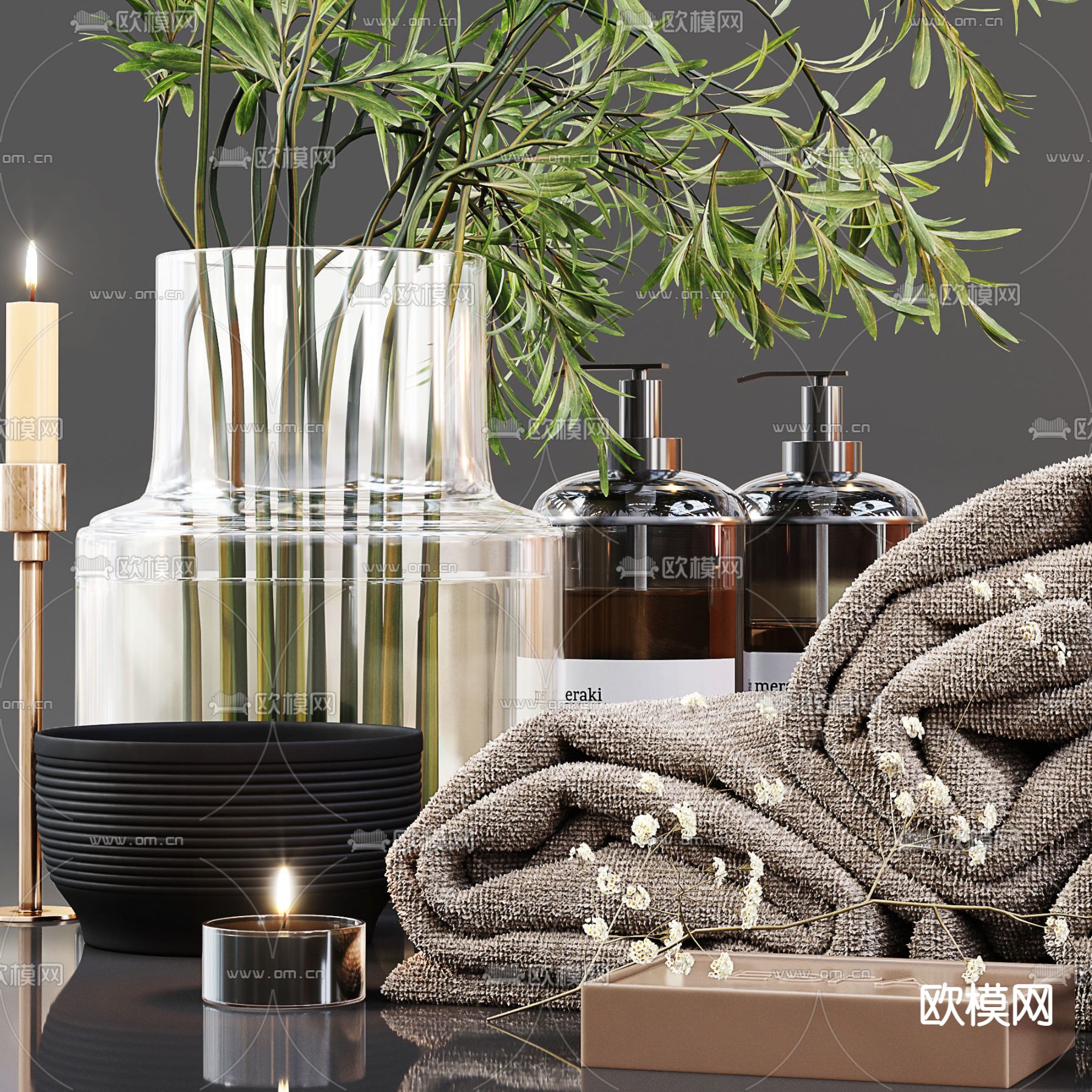 现代浴巾毛巾蜡烛香水水培绿植3d模型下载（渲染图4）