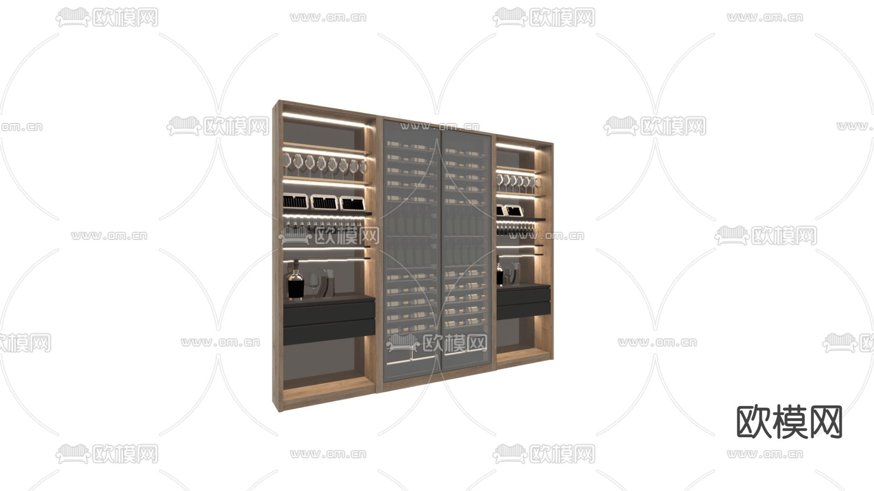 现代轻奢实木不锈钢玻璃酒柜免费3d模型下载