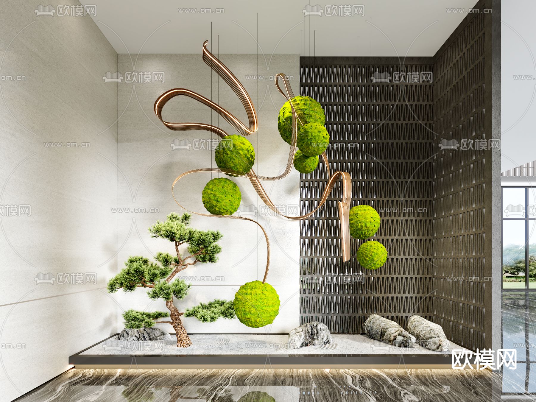 现代松树假石绿植景观小品3d模型下载