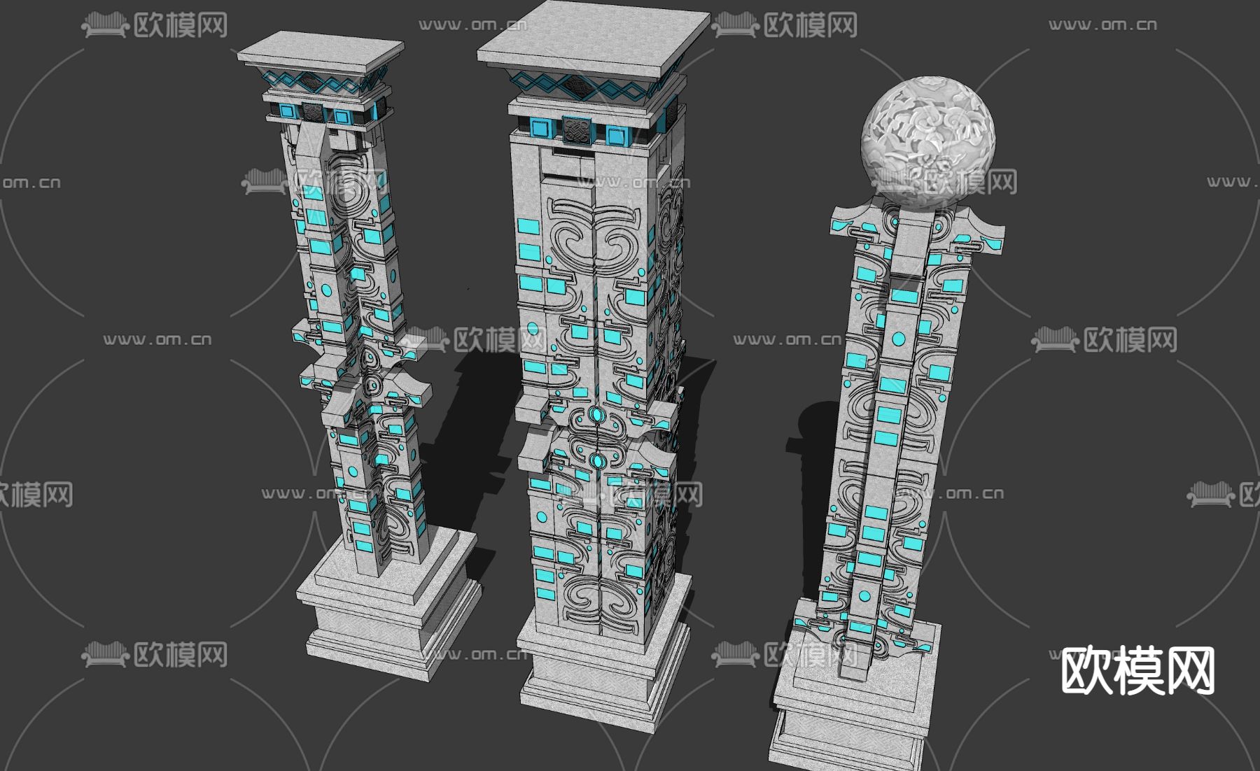 中式龙纹饰精神堡垒景观柱子su模型下载（渲染图3）