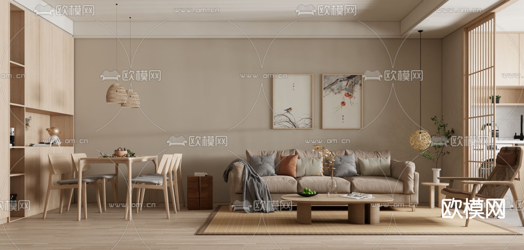 日式客厅餐厅su模型下载（渲染图1）