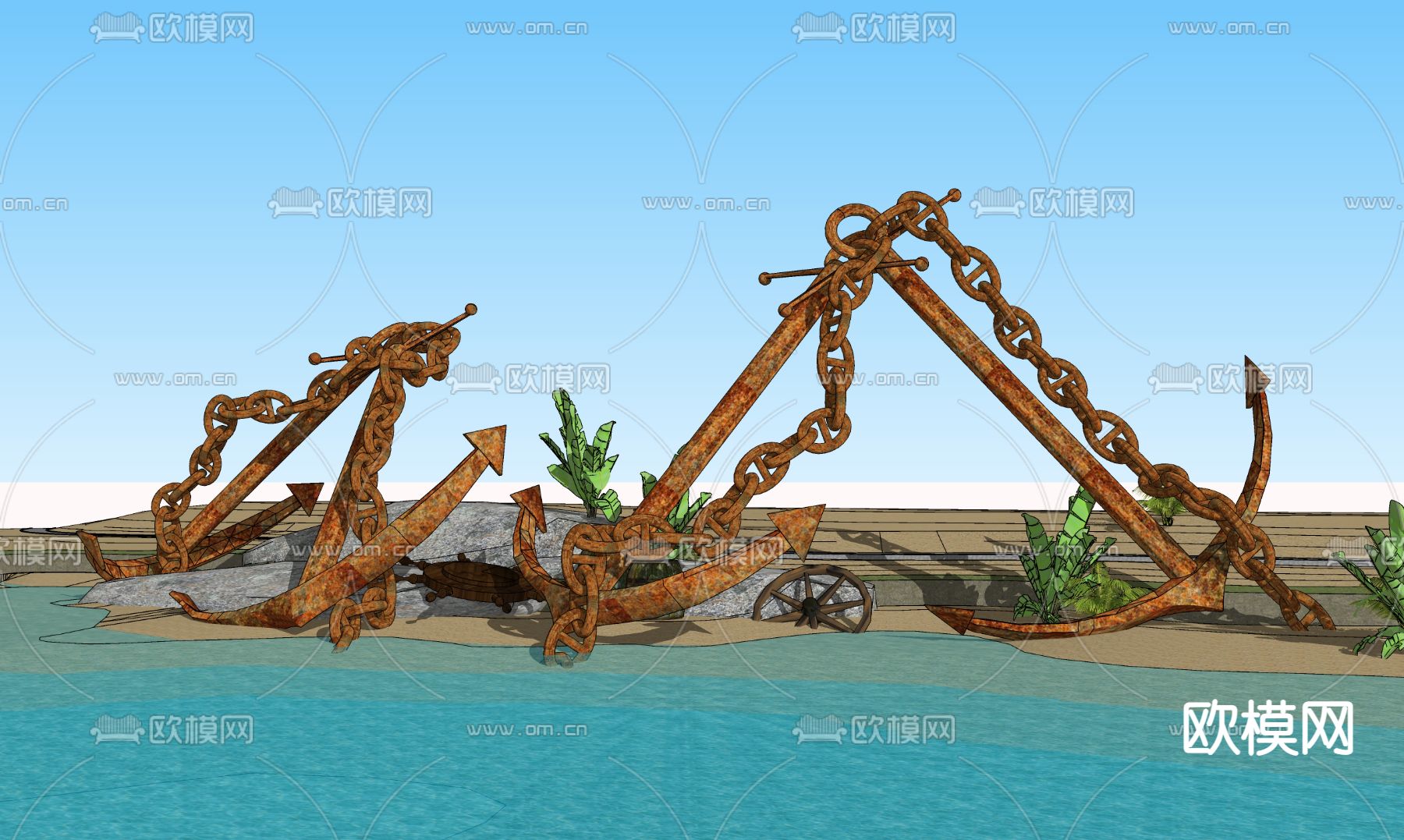 现代锈迹船锚钩铁链子小品su模型下载_ID12081969_sketchup模型下载-欧模网