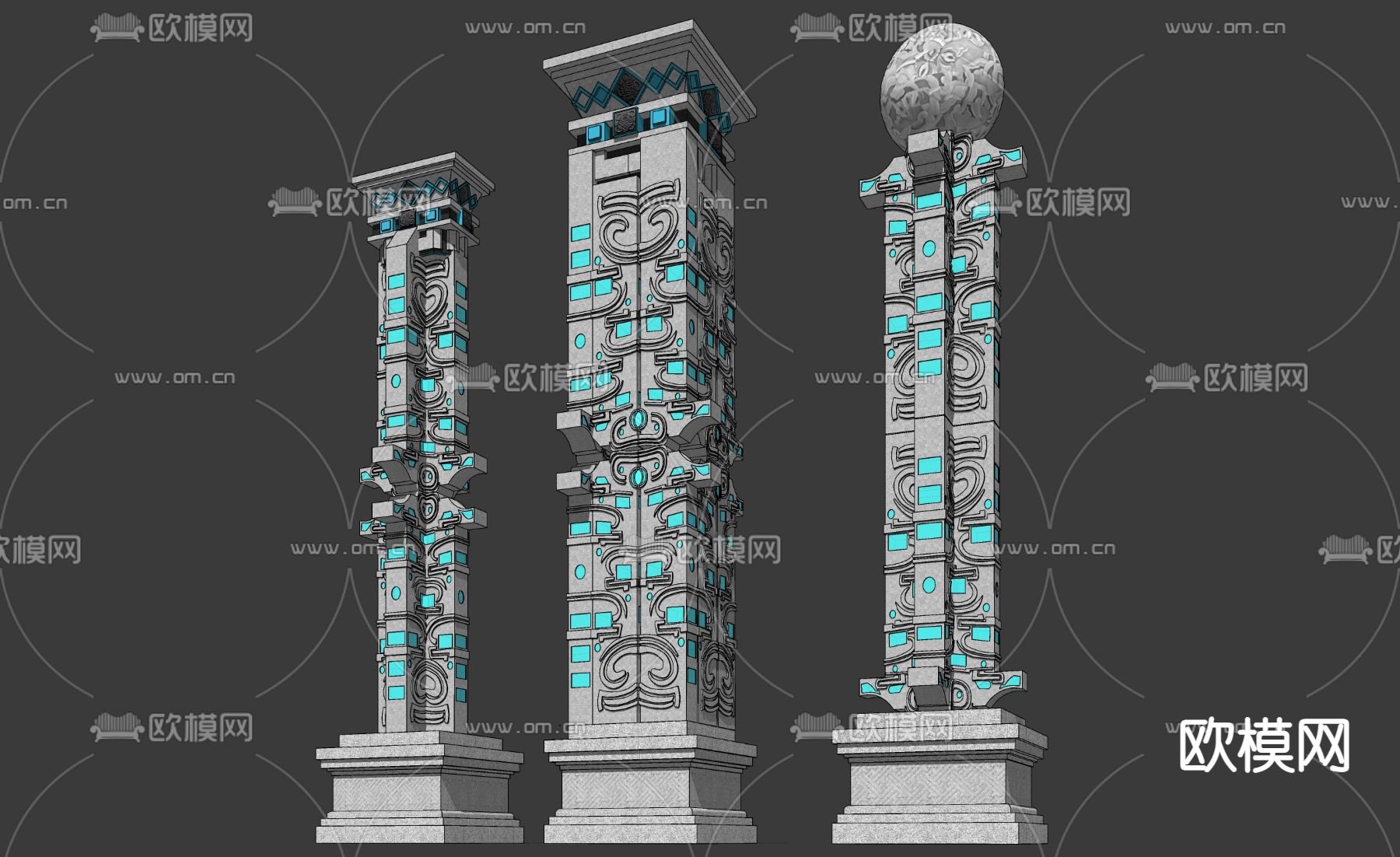 中式龙纹饰精神堡垒景观柱子su模型下载（渲染图2）
