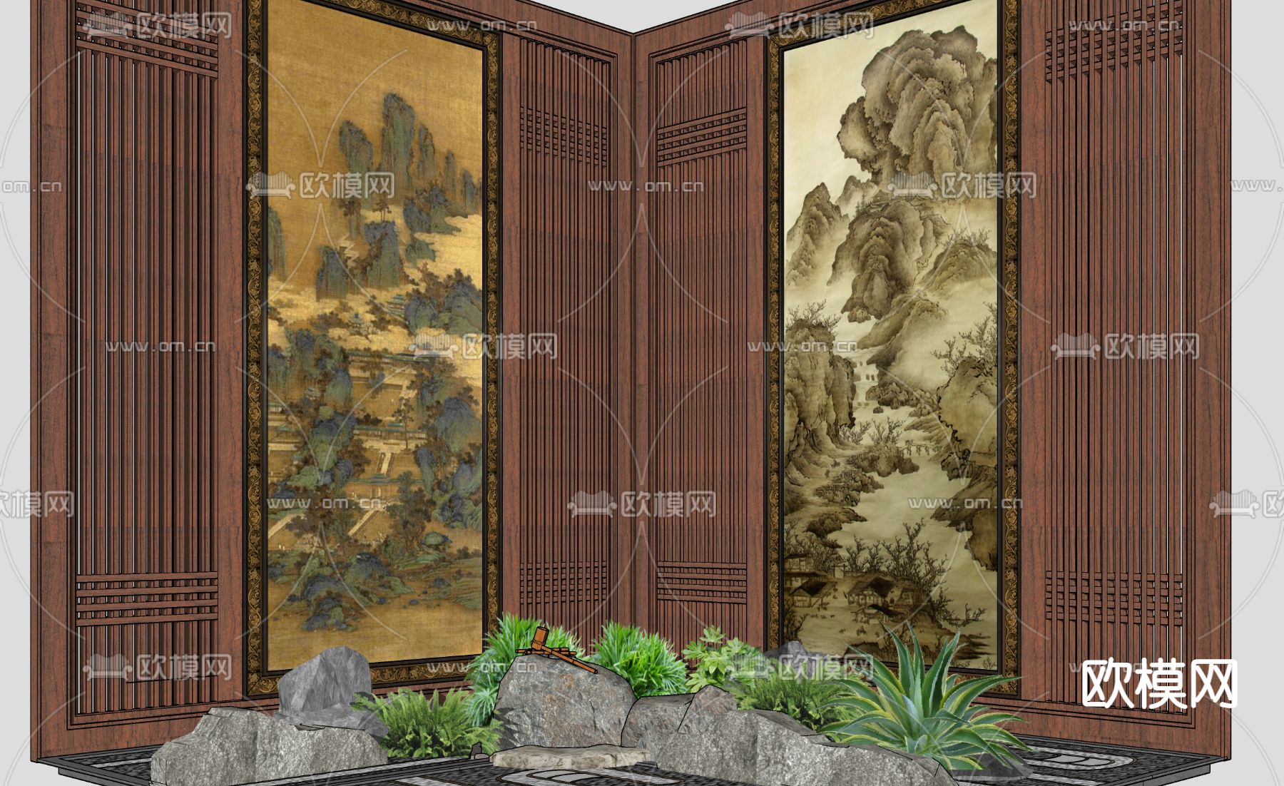 新中式山水画国画格栅屏风su模型下载（渲染图3）