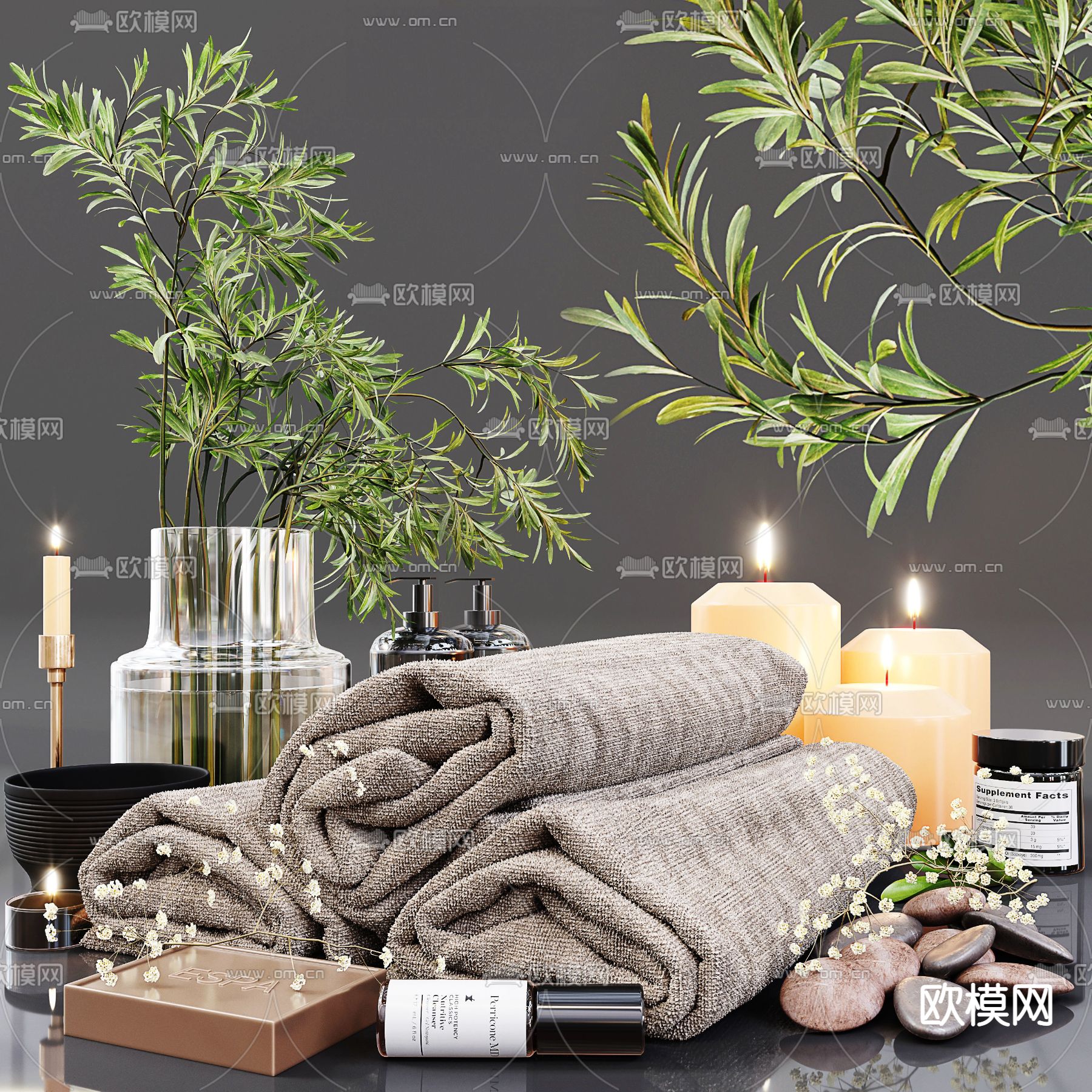 现代浴巾毛巾蜡烛香水水培绿植3d模型下载（渲染图1）