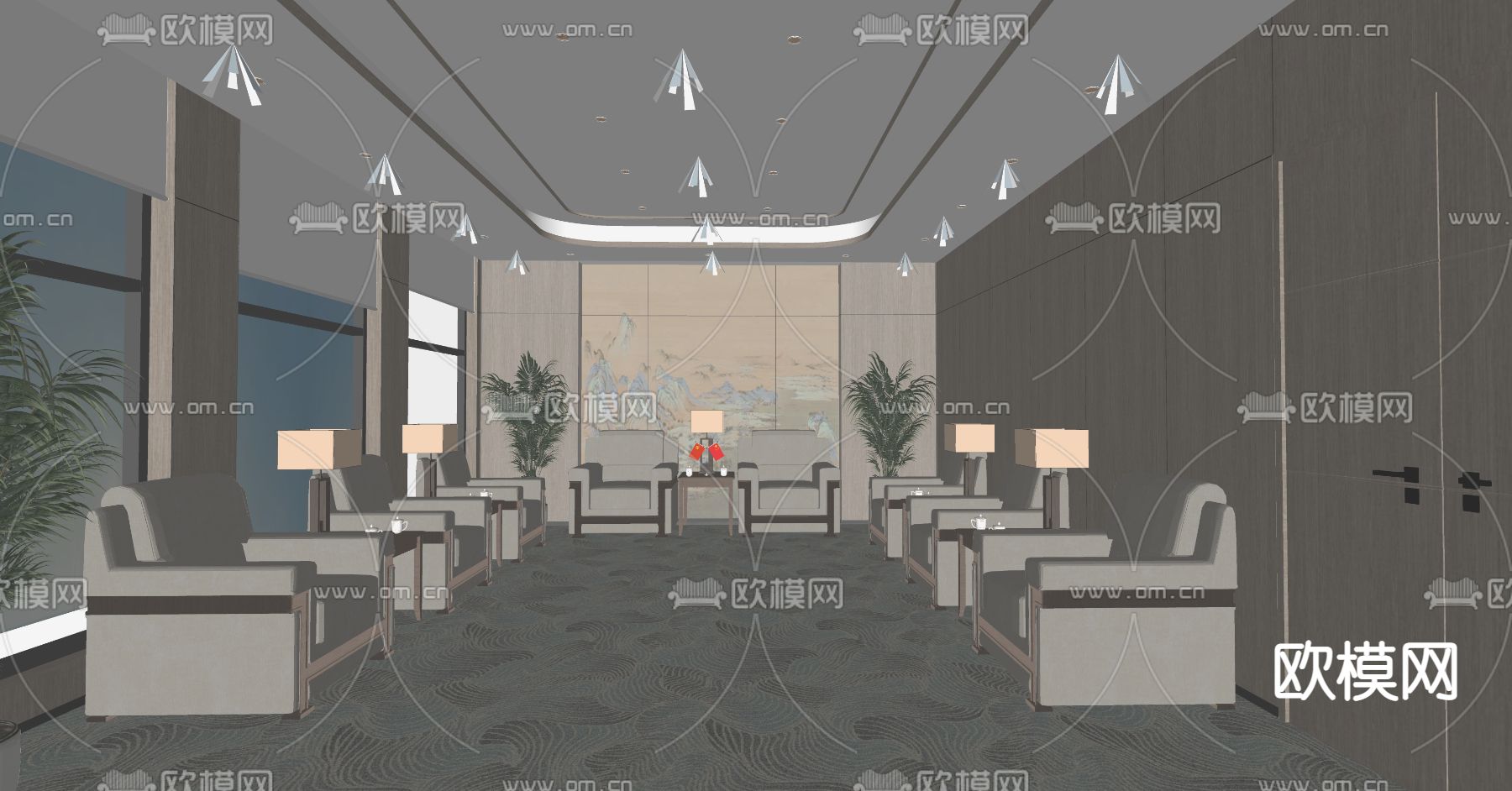 新中式贵宾接待室su模型下载（渲染图3）