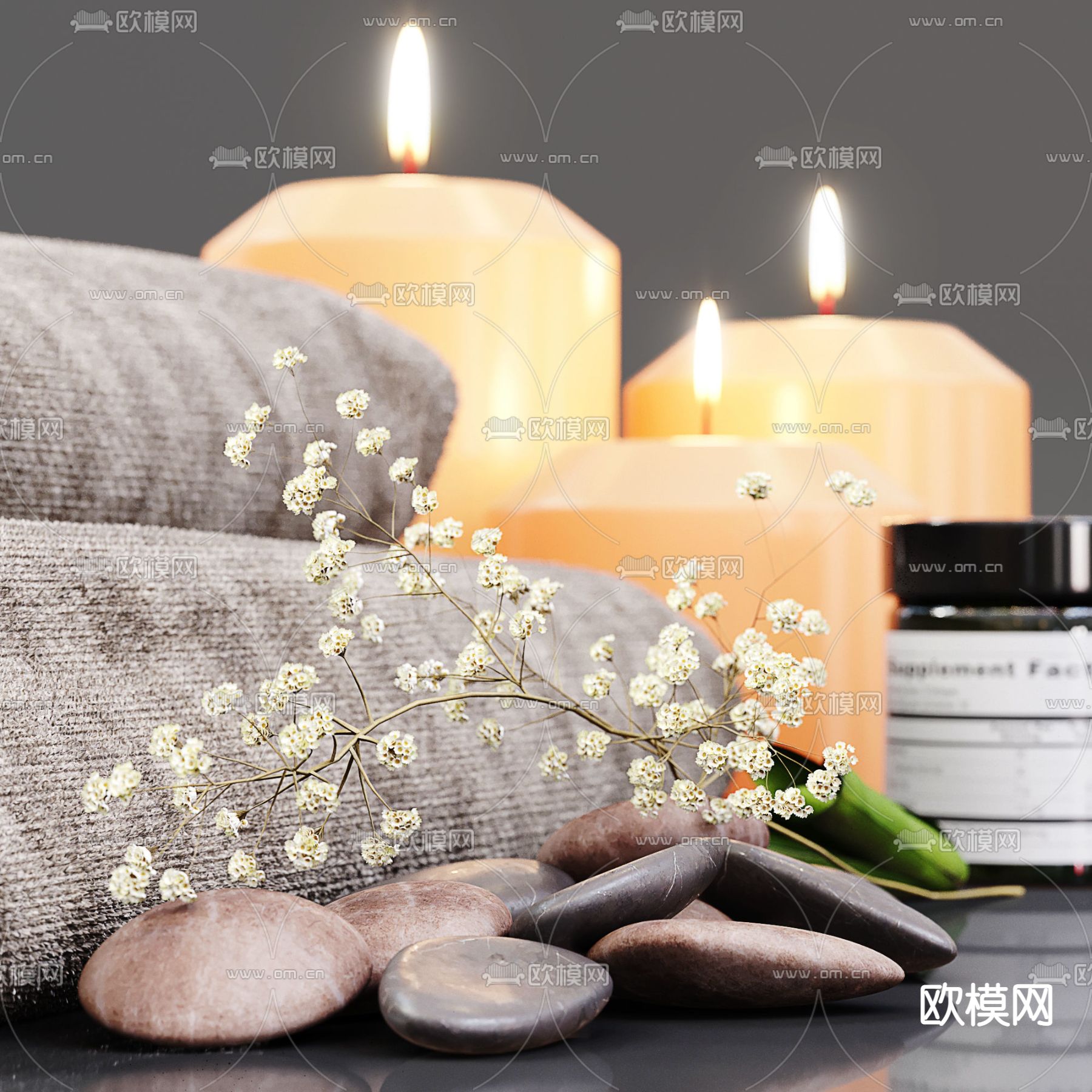 现代浴巾毛巾蜡烛香水水培绿植3d模型下载（渲染图3）