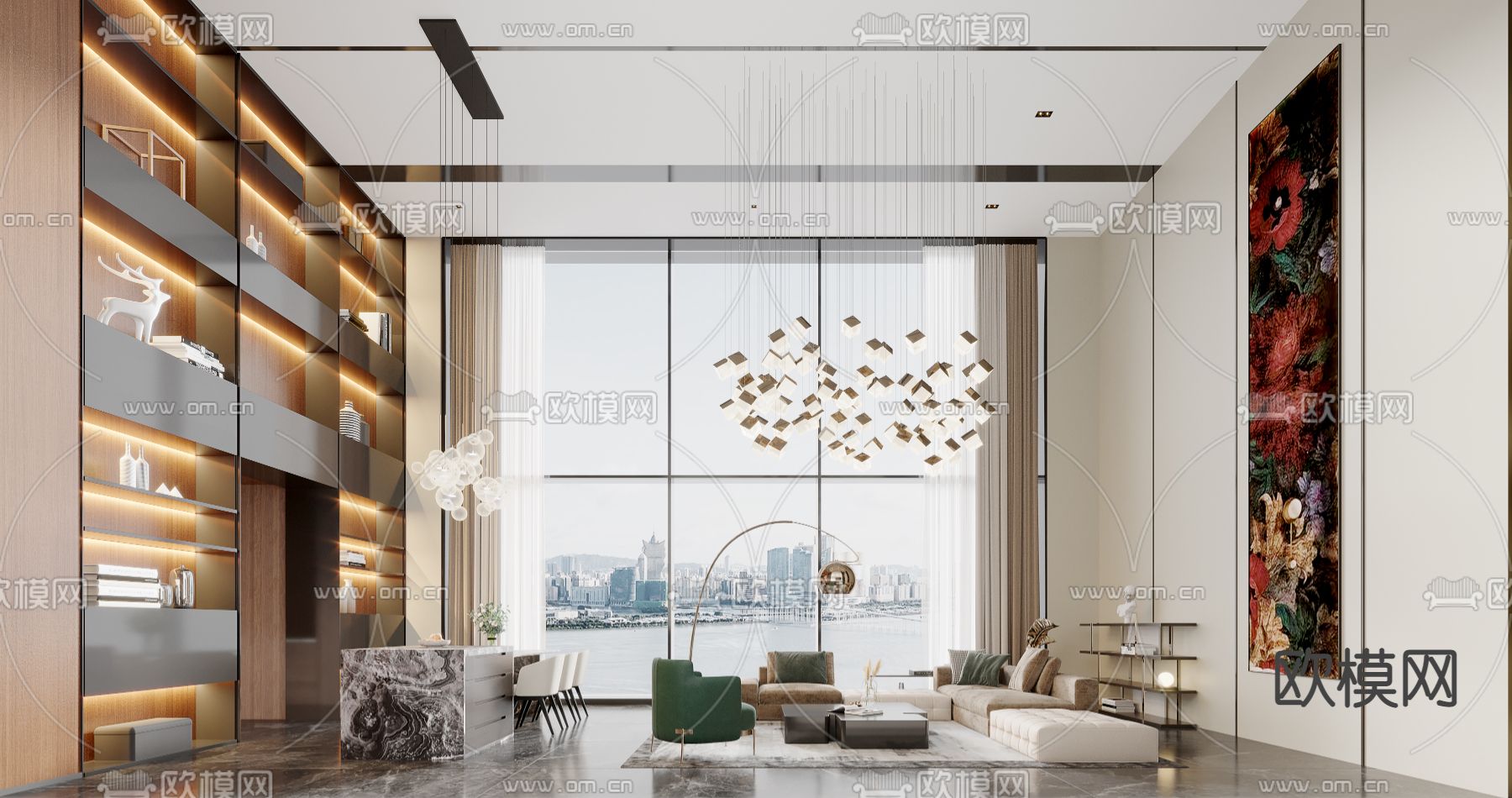 现代客厅餐厅3d模型下载（渲染图1）