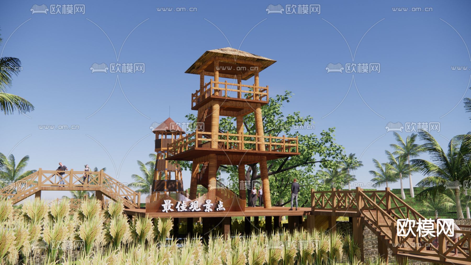 现代观景塔眺望塔山地木栈道su模型下载（渲染图1）