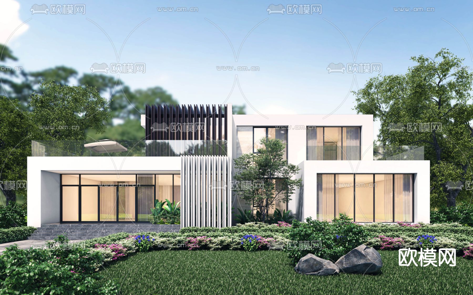 现代独栋别墅外观3d模型下载（渲染图1）