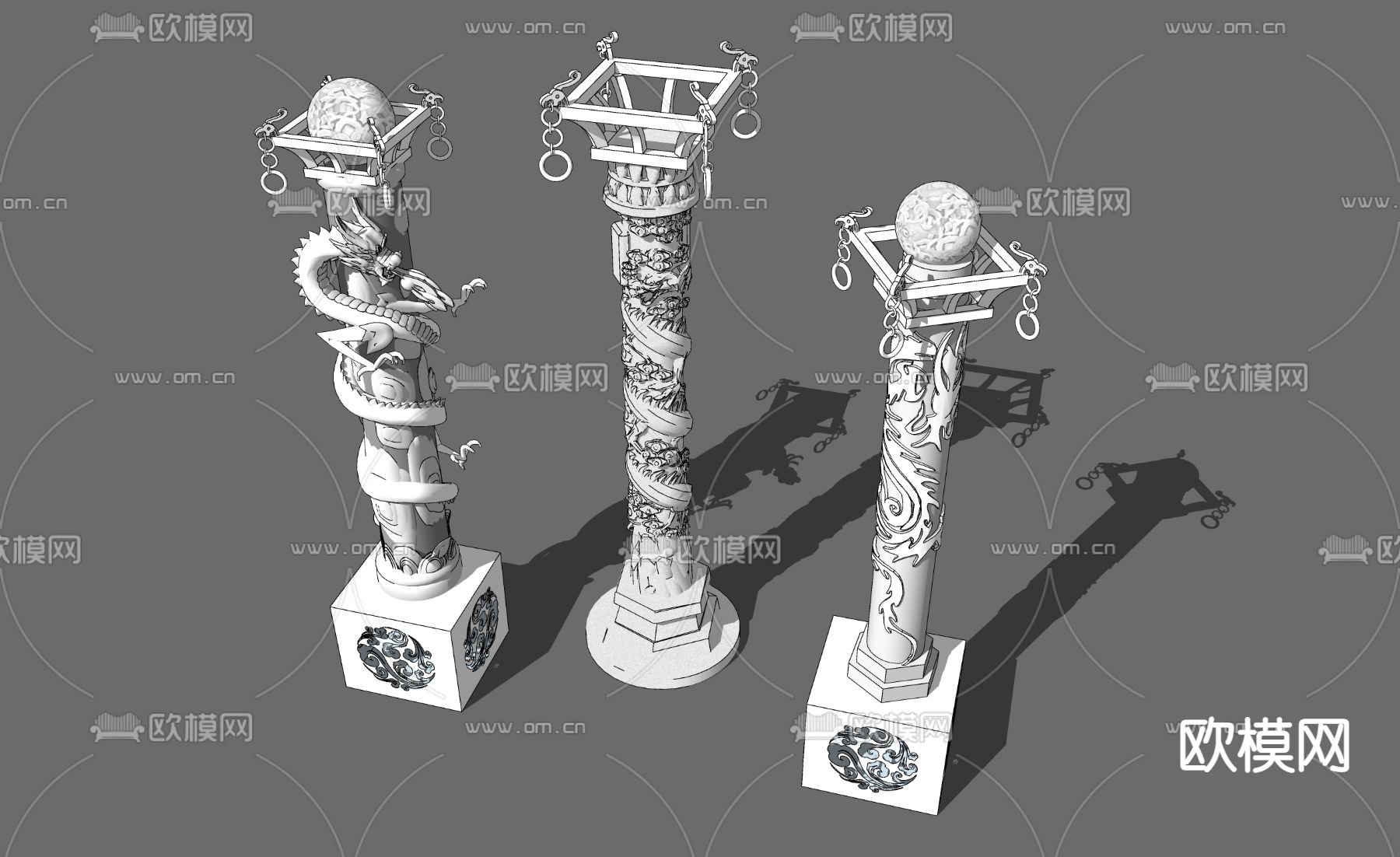 中式盘龙景观柱腾龙柱su模型下载（渲染图2）