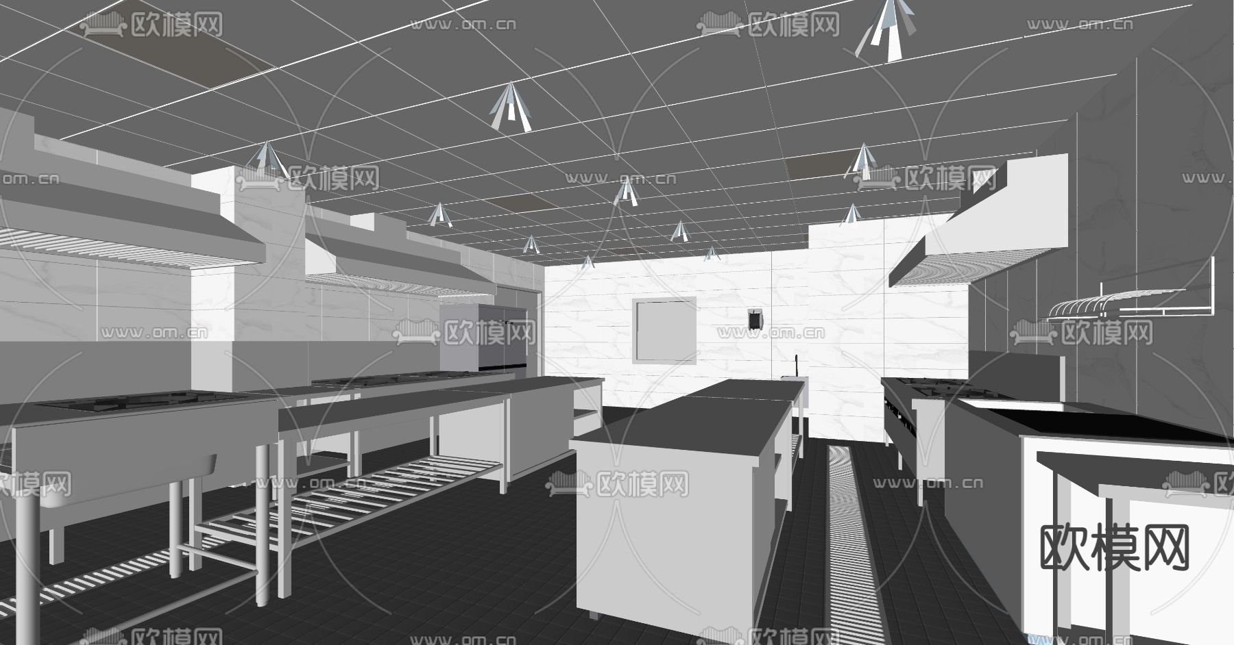 现代餐厅厨房后厨su模型下载（渲染图2）