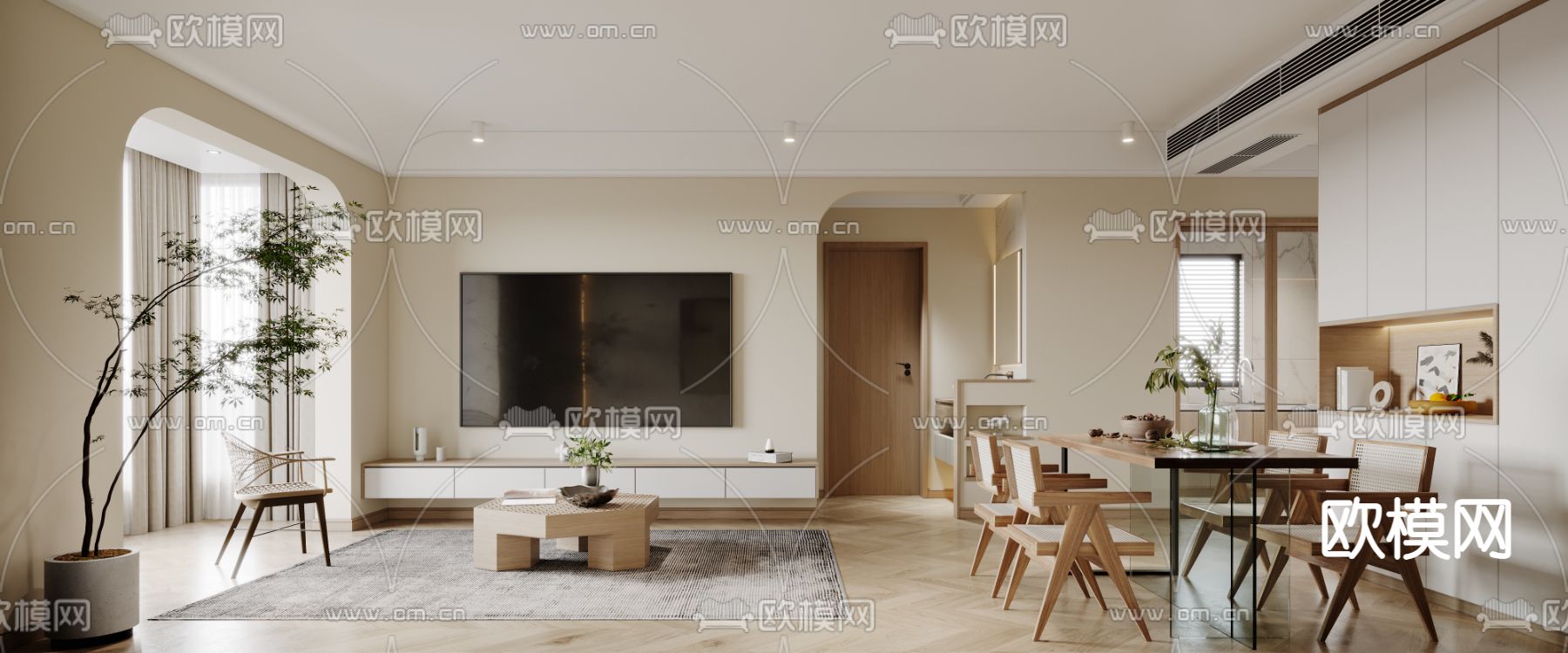 日式极简客餐厅3d模型下载（渲染图1）