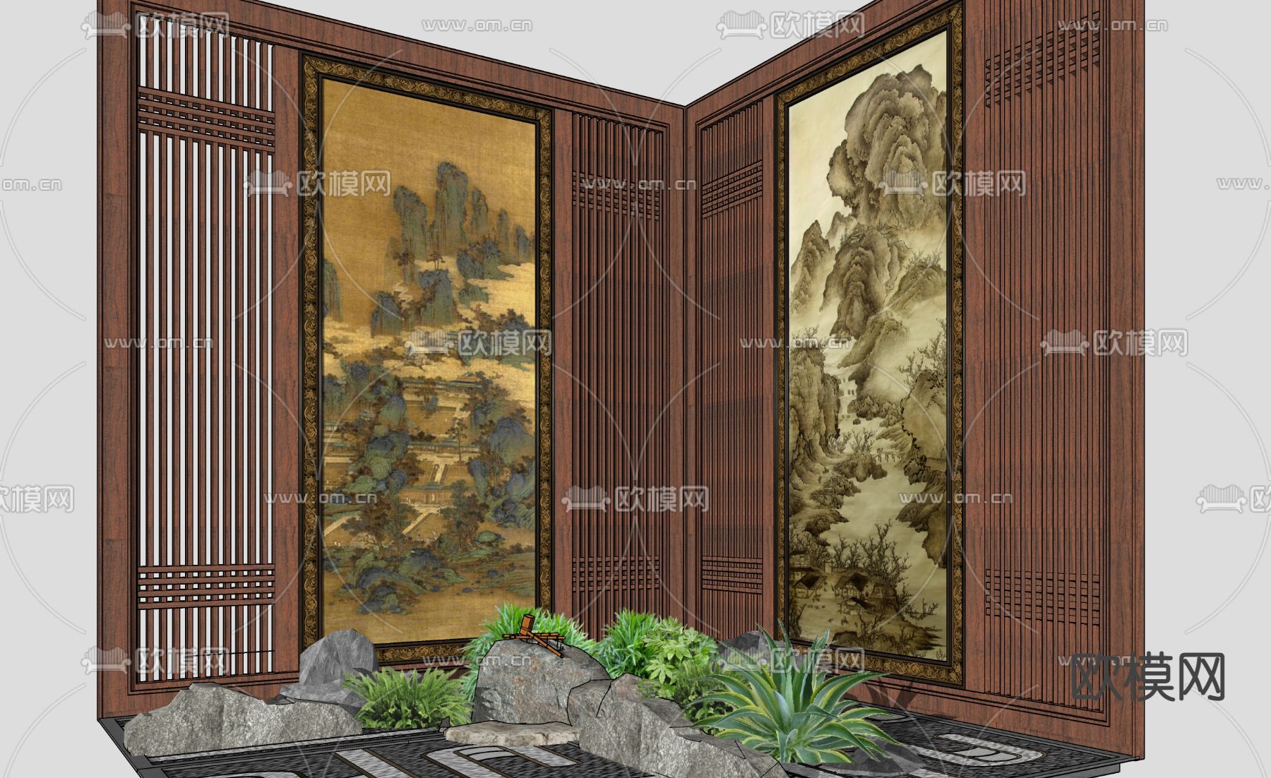 新中式山水画国画格栅屏风su模型下载（渲染图1）