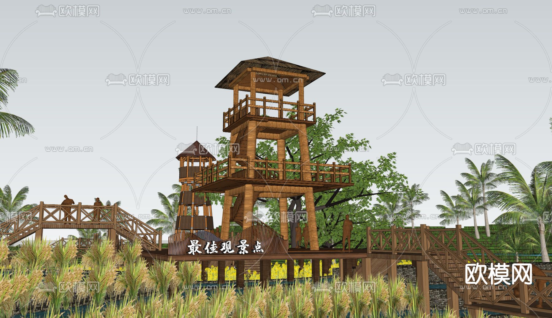 现代观景塔眺望塔山地木栈道su模型下载（渲染图2）