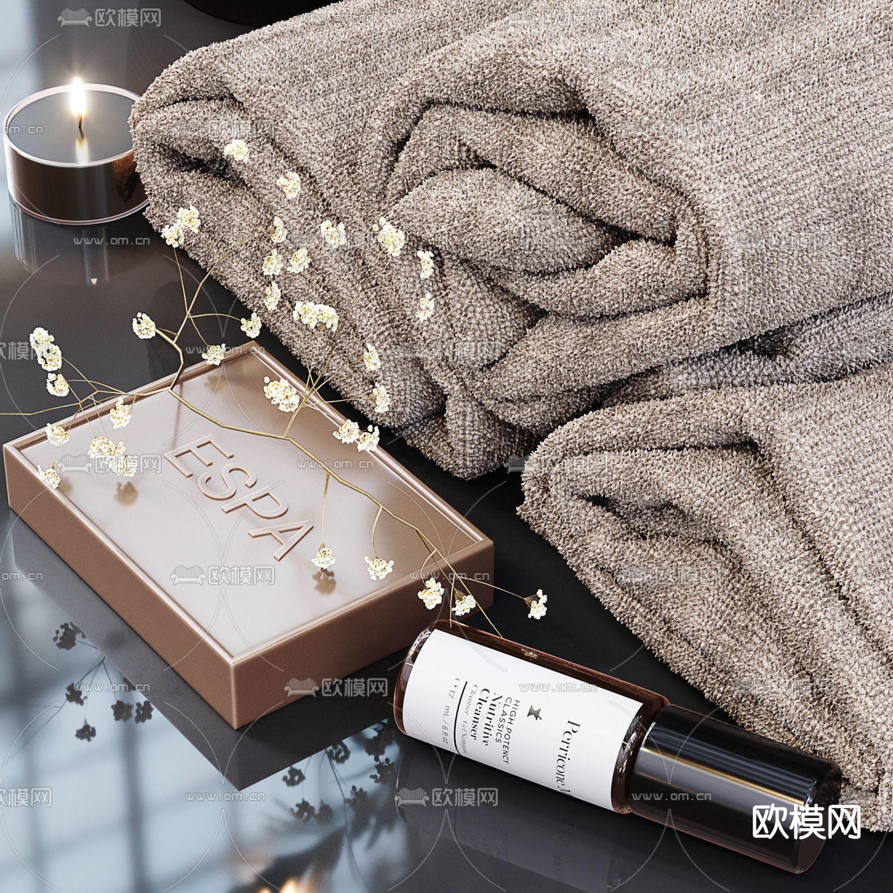 现代浴巾毛巾蜡烛香水水培绿植3d模型下载（渲染图2）