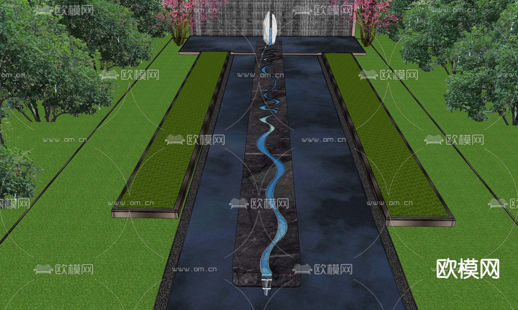 新中式流水条石叠水景观su模型