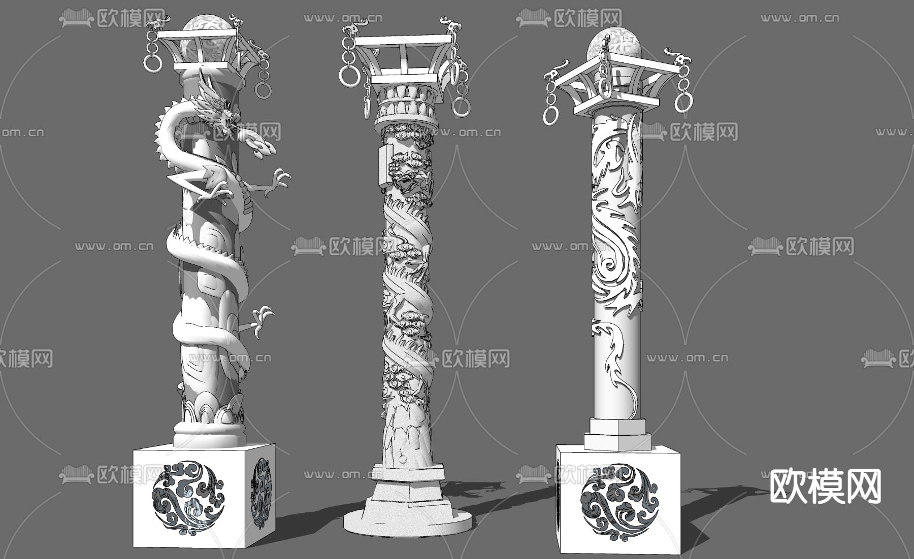 中式盘龙景观柱腾龙柱su模型下载（渲染图1）