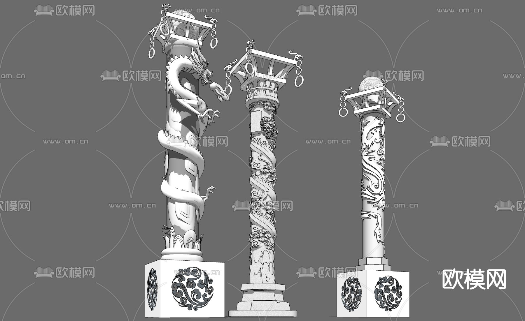 中式盘龙景观柱腾龙柱su模型下载（渲染图4）